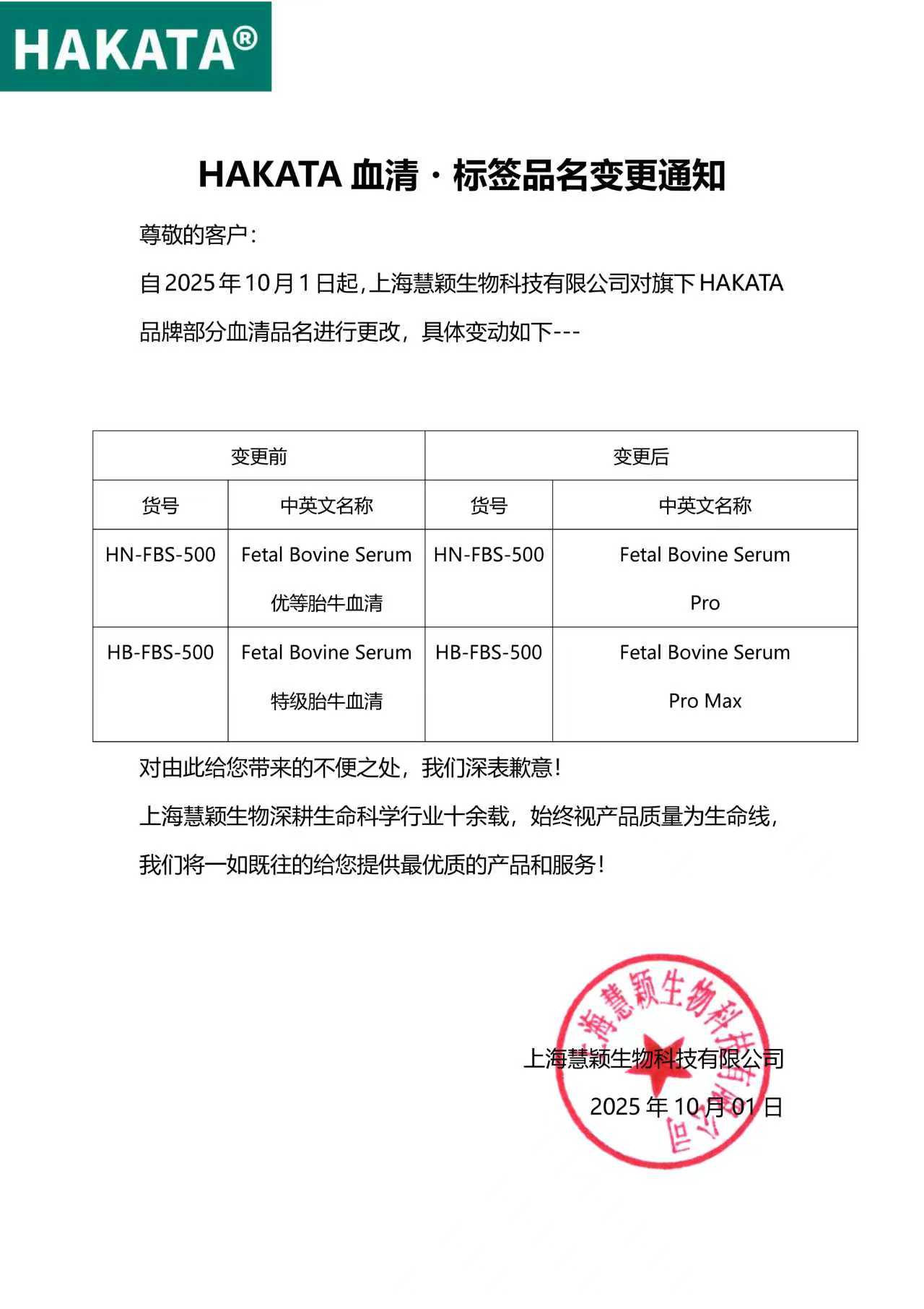 HAKATA 血清・标签品名变更通知